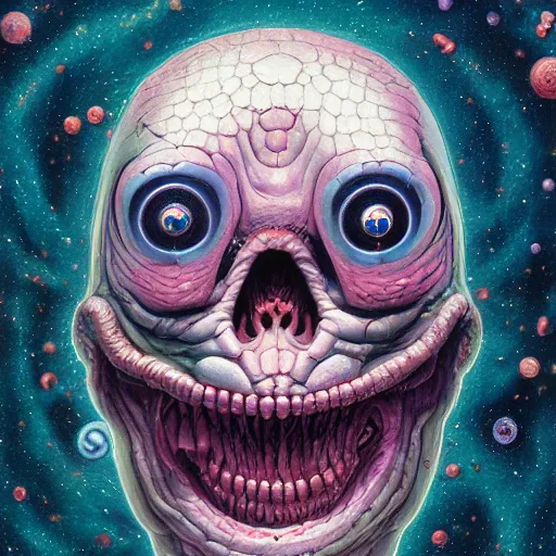 Prompt: A horrifying detailed cosmic horror portrait painting 'Head floating in the dimension of doom' by Takashi Murakami and Wayne Barlowe, hubble deep field in the background, Trending on cgsociety artstation, 8k, masterpiece.