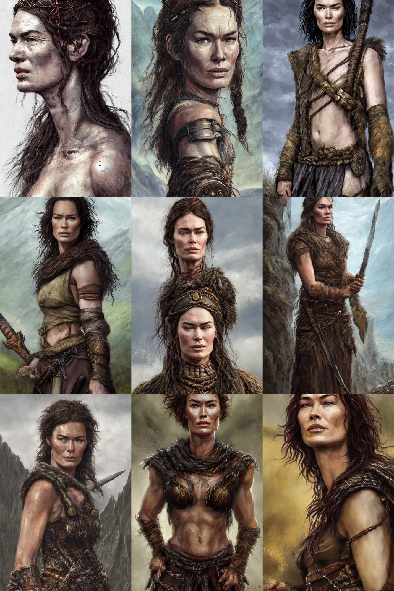 Prompt: a full body high detail fantasy portrait oil painting illustration of lena headey as a single rugged stoic barbarian woman by Justin Sweet with face and body clearly visible, in a scenic background, pupils visible, realistic proportions, d&d, rpg, forgotten realms, artstation trending, high quality, sombre mood, artstation trending, muted colours, no crop, entire person visible!, natural light, Adobe Photoshop, Adobe Lightroom, photolab, Affinity Photo,