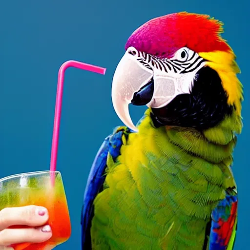 Prompt: A portrait photo of a parrot sipping a fruity drink through a straw