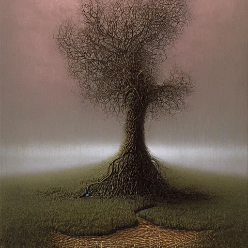 Prompt: thunderstorm hitting tree made by zdzisław beksinski