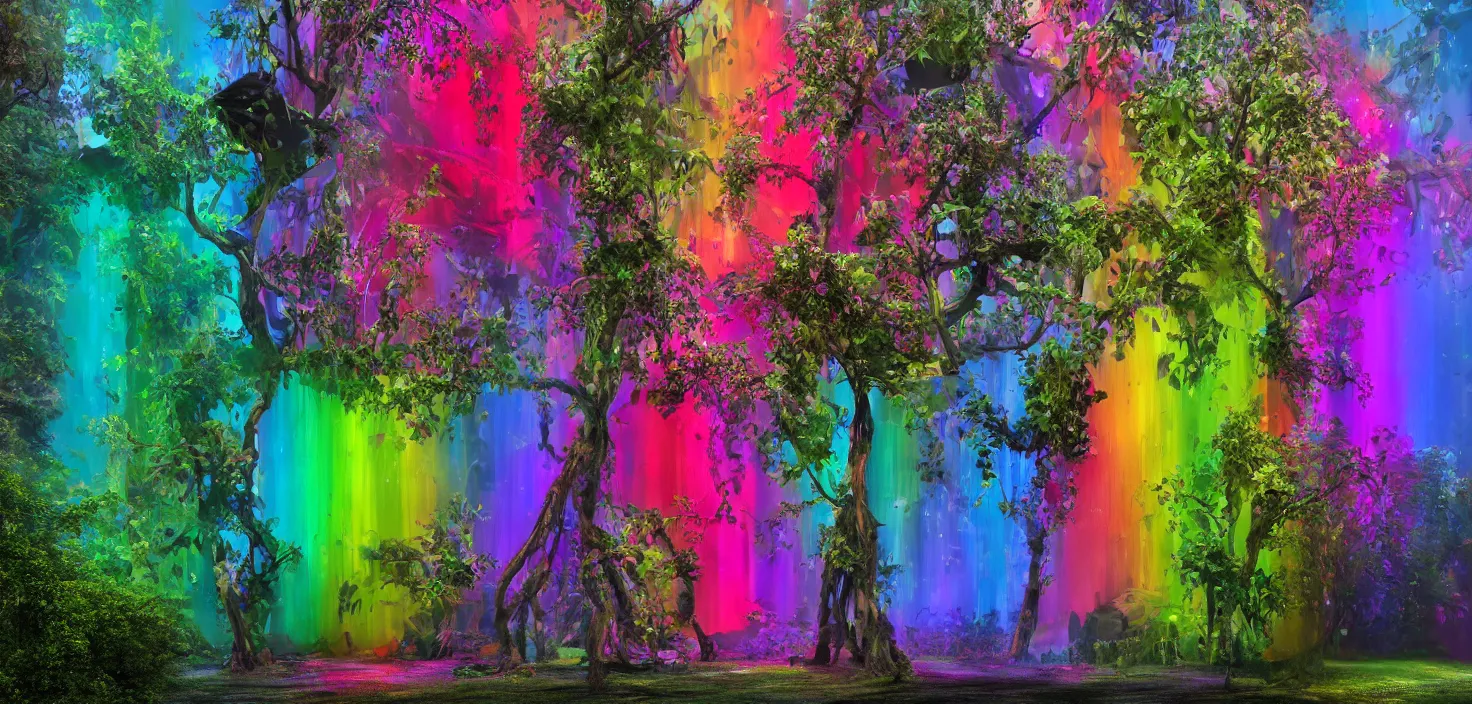 Image similar to Huge flowers growing on tree trunks and holes in buildings, deep colors, rainbow, vivid, brilliant, colored, bright, polychromatic, glowing neon, geometric, dark, mist Art of Illusion, Artrift, finalRender, Flickr, IMAX, Polycount, r/Art, shadow depth, Sketchfab, Sketchlab, Substance Designer, VRay, depth of field, subtractive lighting