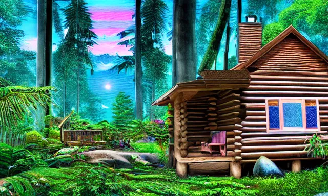 Image similar to Log Cabin in a vaporwave jungle, 4k Photograph