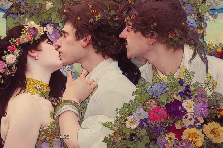 Image similar to the groom kisses the bride at a wedding full of flowers, bright and happy, dreamlike art, highly detail, 4 k realistic, wedding photoy krenz cushart. artem demura. alphonse mucha. yoji shinkawa artgerm. jon lothian. danilo torres. adi meyers. thomas reimann. gaston bussiere.