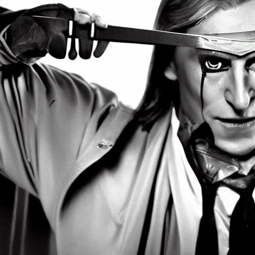 Image similar to arthas menethil as the american psycho, cinematic still