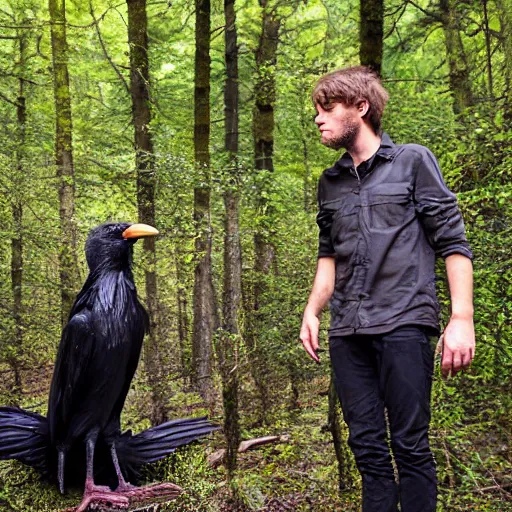 Image similar to !!! chimera consisting of male human and crow, photograph captured in a forest