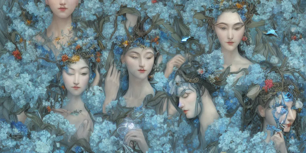 Image similar to breathtaking detailed concept art painting art deco pattern of faces goddesses amalmation light - blue flowers with anxious piercing eyes and blend of flowers and birds, by hsiao - ron cheng and john james audubon, bizarre compositions, exquisite detail, extremely moody lighting, 8 k