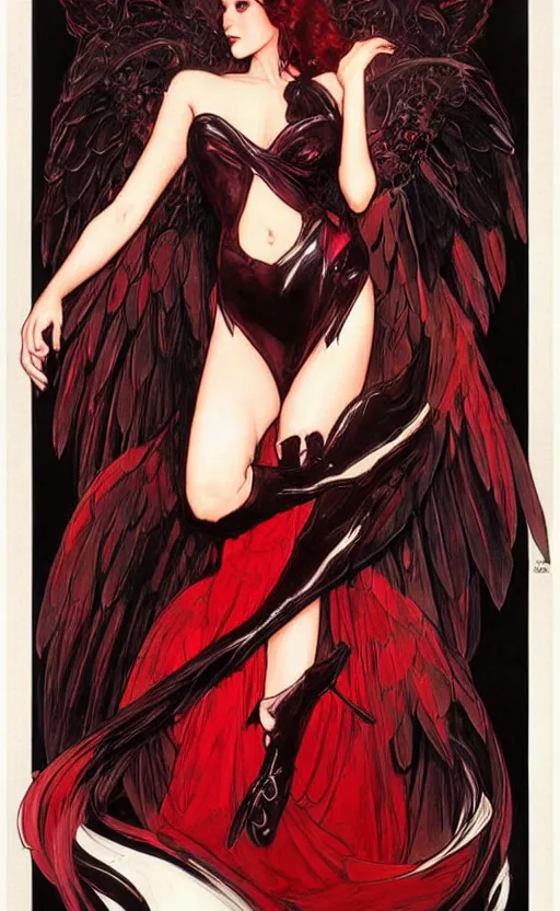 Image similar to Female dark angel in gothic red and black dress, their black wings are extended. By artgerm and greg rutkowski and alphonse mucha