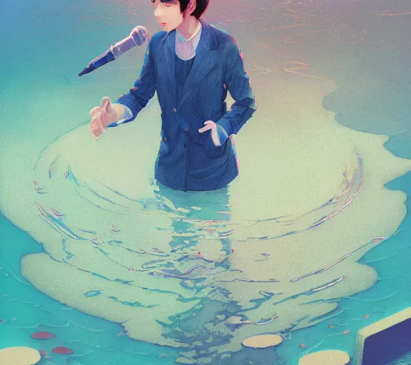 Prompt: harmony blue jacket, tiny rainbow triangles, black haired yoongi, above water, ripples, six pack, microphone, by wlop, james jean, victo ngai, muted colors, highly detailed, fantasy art by craig mullins, thomas kinkade