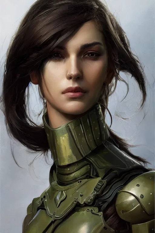 Image similar to a professionally painted portrait of an attractive young woman, clothed in military armor, olive skin, long dark hair, beautiful bone structure, symmetrical facial features, intricate, elegant, digital painting, trending on Artstation, concept art, smooth, sharp focus, illustration, from Metal Gear by Ruan Jia and Mandy Jurgens and Artgerm and William-Adolphe Bouguerea, award winning