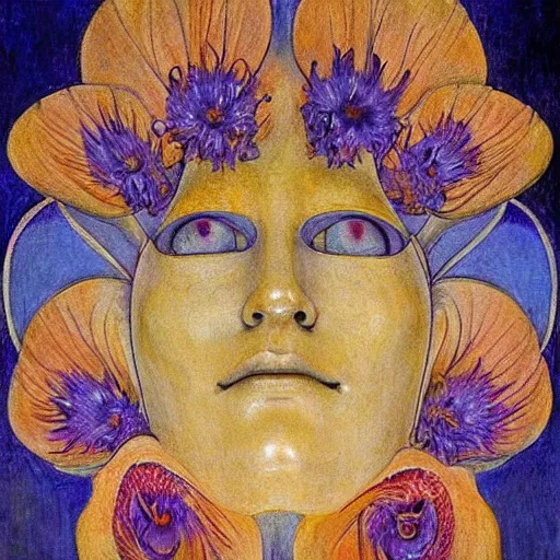 Image similar to masterpiece painting of a facemask made of stylized flowers, by annie swynnerton and jean delville and tino rodriguez, flower mask, art deco shaman, symbolist, dramatic lighting, god rays, elaborate geometric ornament, clean crisp graphics, soft cool colors, smooth, sharp focus, extremely detailed