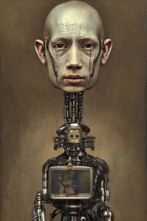 Prompt: robot monk painting a self - portrait on a canvas. intricate, highly detailed, photorealistic, film still, by vdragan bibin.