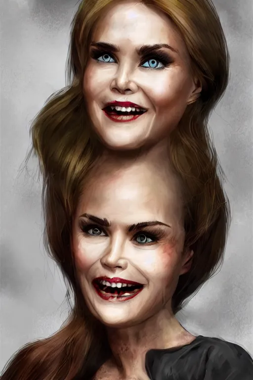 Image similar to mix of beautiful young maria shriver, mariel hemmingway, brooke shields, nicole kidman and elle macpherson as a vampire showing vampire teeth, ready to bite, thin lips, hair tied up in a pony tail, dark blonde hair, colorful, deviantart, artstation, cgsociety