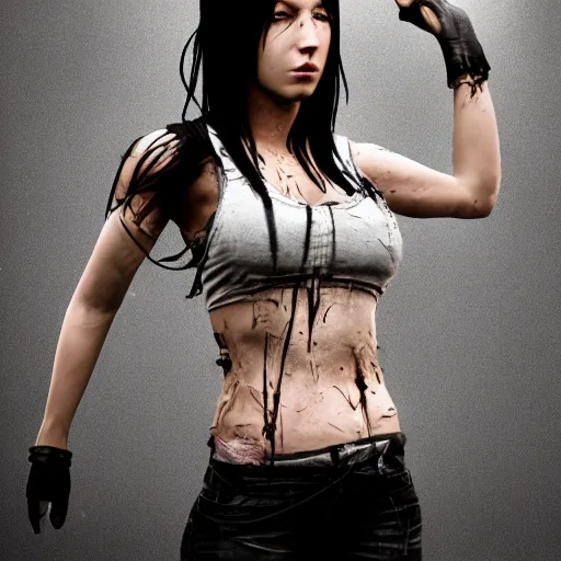 Prompt: tifa lockhart, hyper realistic photograph, torn clothes, dirty, sweat, detailed face