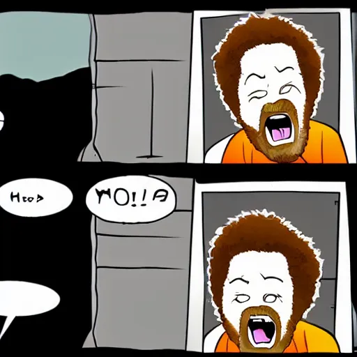 Image similar to angry bob ross screaming at laptop comic strip