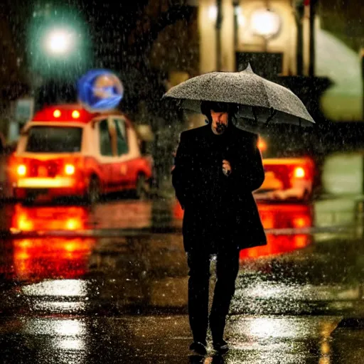 Image similar to keanu reeves walking in the rain on a reflective city street near a red flashing street light, highly detailed face and reflections misty dark