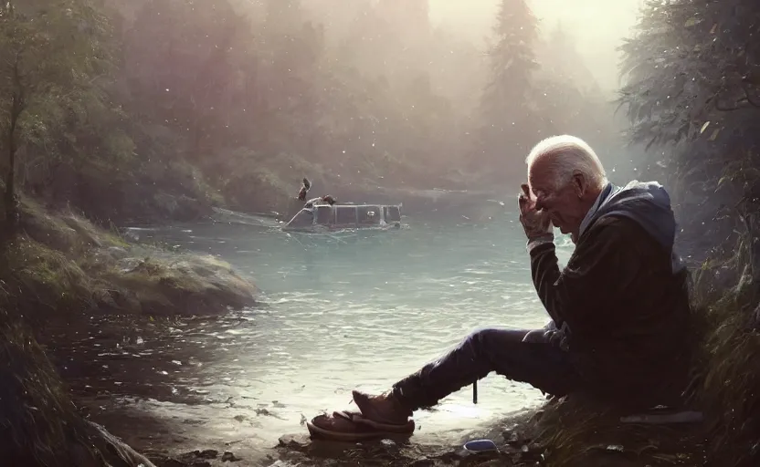 Image similar to highly detailed portrait of joe biden as a homeless, stuck in the river, stephen bliss, unreal engine, fantasy art by greg rutkowski, loish, rhads, ferdinand knab, makoto shinkai and lois van baarle, ilya kuvshinov, rossdraws, tom bagshaw, global illumination, radiant light, detailed and intricate environment