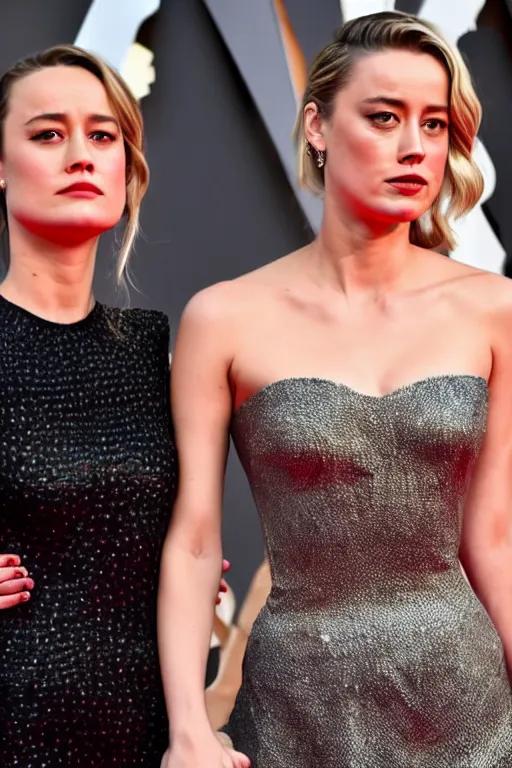 Prompt: brie larson and amber heard holding hands on the red carpet