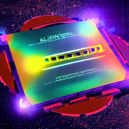 Prompt: alien spaceship centered in a futuristic data analysis card, colors: yellow, violet, blue, red, orange, volumetric light, cgi style, insanely detailed symbols in the frame.