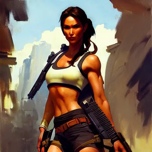 Prompt: Greg Manchess portrait painting of Lara Croft as Overwatch character, medium shot, asymmetrical, profile picture, Organic Painting, sunny day, Matte Painting, bold shapes, hard edges, street art, trending on artstation, by Huang Guangjian and Gil Elvgren and Sachin Teng