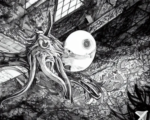 Prompt: camera footage of a extremely aggressive Giant mutated Octopus with glowing white eyes, Mutated Human Features, Human Spine, Organic Lure, in an abandoned shopping mall, Psychic Mind flayer, Terrifying, Human Silhouette :7 , high exposure, dark, monochrome, camera, grainy, CCTV, security camera footage, timestamp, zoomed in, Feral, fish-eye lens, Fast, Radiation Mutated, Nightmare Fuel, Ancient Evil, Bite, Motion Blur, horrifying, lunging at camera :4 bloody dead body, blood on floors, windows and walls :5