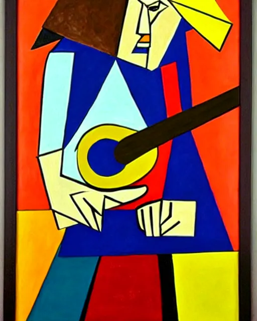 Prompt: a cubism portrait of willie nelson hugging his guitar, in the style of archipenko, alexande, muted colors
