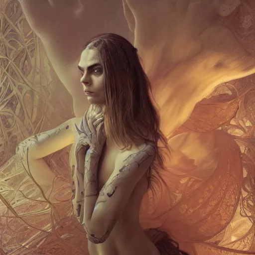 Image similar to Cara Delevigne, physically accurate, dynamic lighting, intricate, elegant, highly detailed, digital painting, artstation, HR GIGER, Hieronymus Bosch, Francis Bacon, concept art, smooth, sharp focus, illustration, art by artgerm and greg rutkowski and alphonse mucha