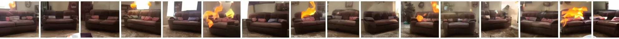 Image similar to 8 consistent progressing frames from a video of a couch on fire at night