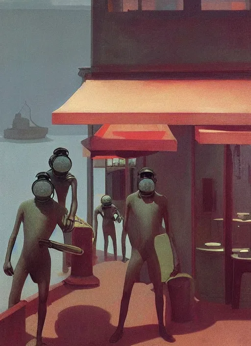 Image similar to spherical people gas masks at flooded restaurant Edward Hopper and James Gilleard, Zdzislaw Beksinski highly detailed
