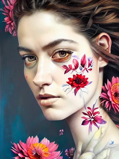 Image similar to portrait of elizabeth bert with a floral background : : painted by artgerm, karol bak, artur bordalo, sandra chevrier : : portrait, character, illustration, hyperrealism, photorealism