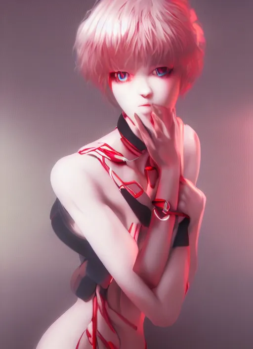 Image similar to unnatural body rei ayanami, fluent composition, red and white neon, concept art, ambient light, 4 k, intricate details, highly professionally detailed, cgsociety, highly detailed -