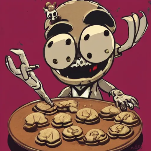 Image similar to evil anthropomorphic cookie cooking a bunch of cookies, in the kitchen, cuphead, painterly, logo, graffiti, elegant, highly detailed, digital art, art by jc leyendecker and sachin teng