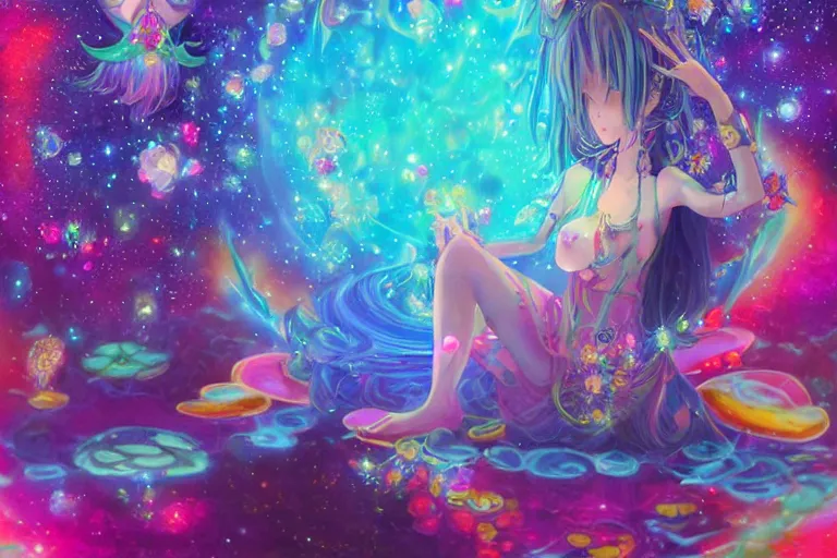 Image similar to psychedelic, whimsical, anime, 4k, beautiful seductive elf smoking weed, with professional makeup, long trippy hair, a crystal and flower dress, sitting on a reflective pool, surrounded by gems, underneath the stars, rainbow fireflies, trending on patreon, deviantart, twitter, artstation, volumetric lighting, heavy contrast, art style of Greg Rutkowski and Miho Hirano and Ross Tran