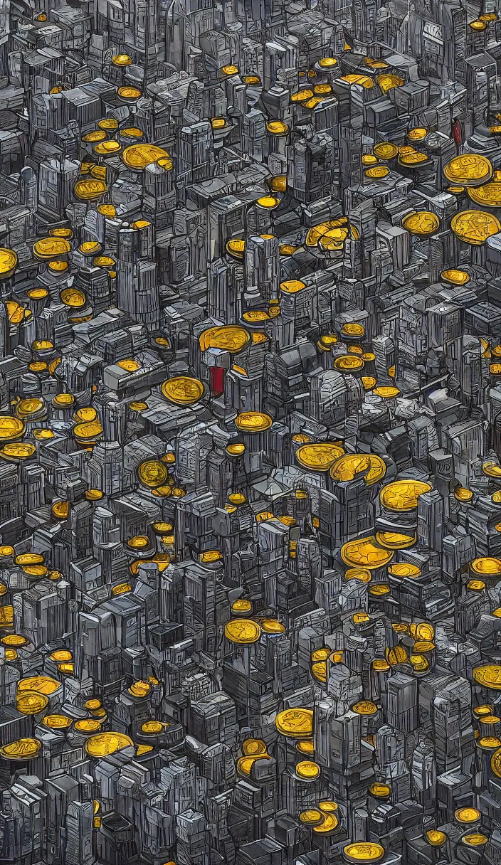 Prompt: cityscape with huge piles of crypto coins, concept art, award winning concept art, trending on artstation