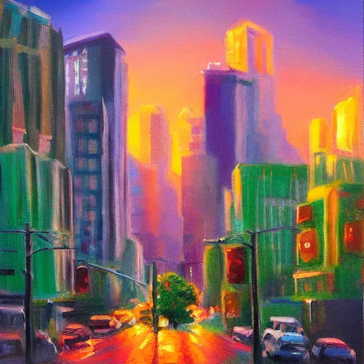 Image similar to dense city canyon emerald light oil painting