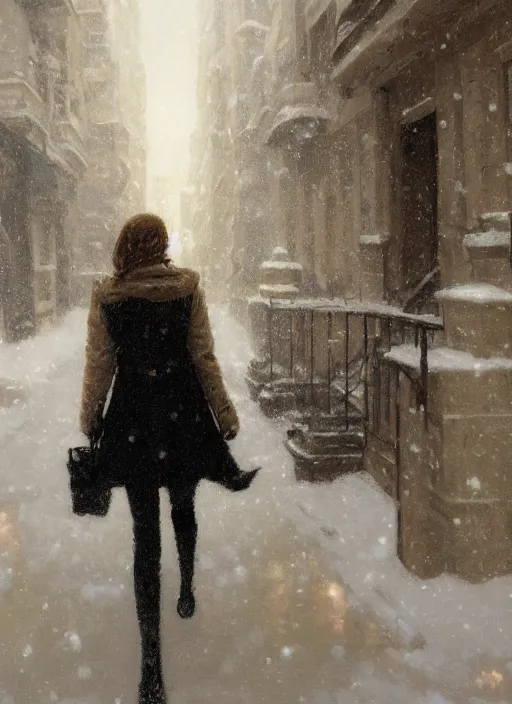 Image similar to back of emma stone in beige coat, walking into new york apartment building in winter, opening door, building entrance, snow, zoomed out, artwork by gaston bussiere, craig mullins, trending on artstation