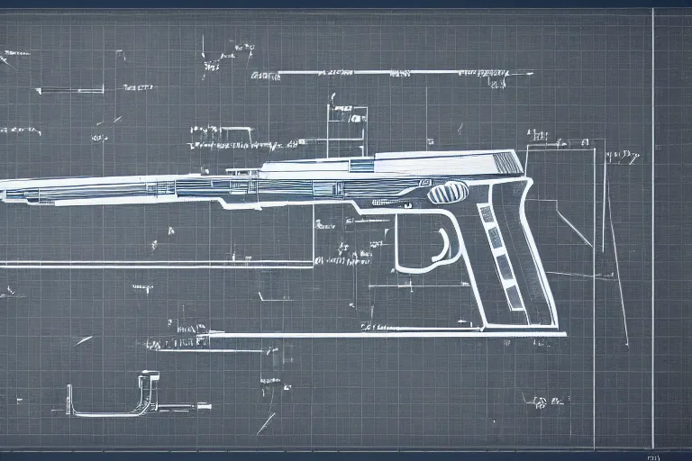 Prompt: blueprint of a laser space gun, technical drawing, concept art, centered with clear border