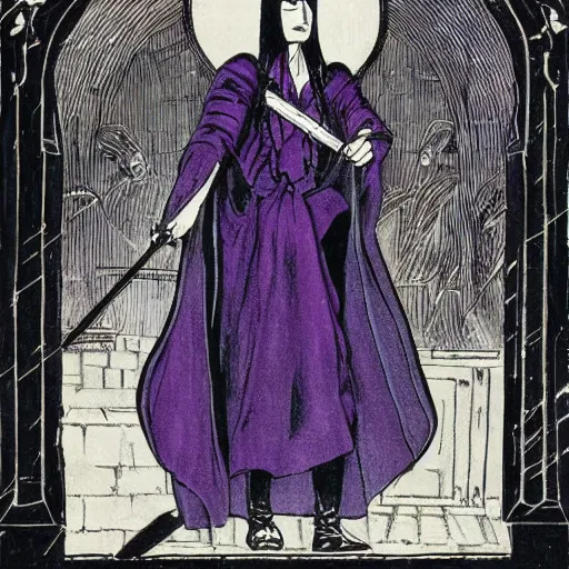 Image similar to an attractive female necromancer mage symmetrical, donned in black cloak with purple staff