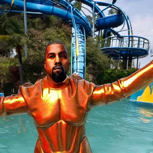 Prompt: photograph of kanye west in an aquaman costume at a waterpark.