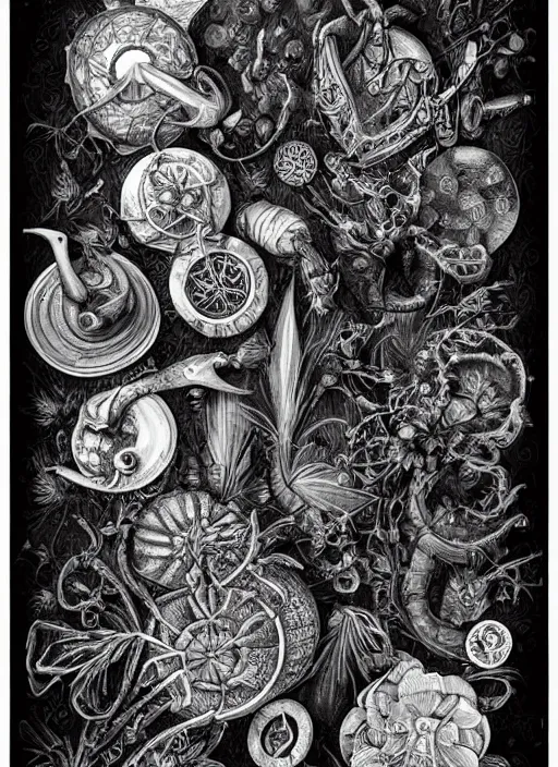 Prompt: black and white botanical art of mysterious and arcane mechnical items. composition, boho mystical, fine lines, very high details