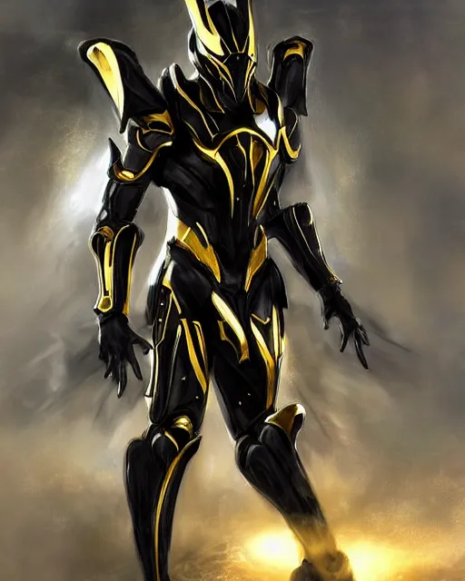 Image similar to black and gold warframe armor cinematic detailed photorealistic digital artwork digital painting