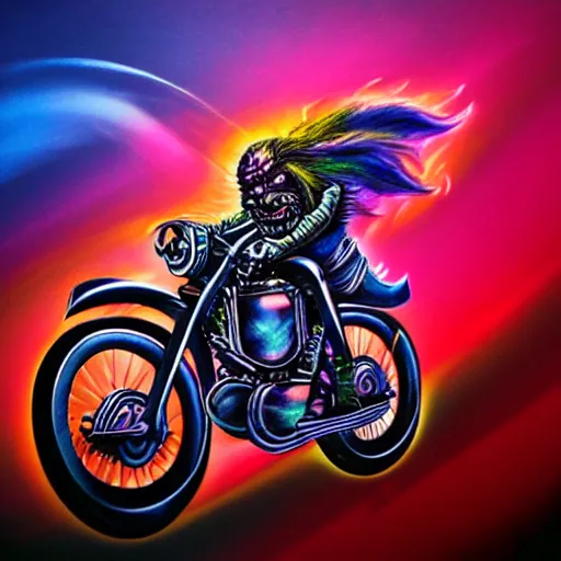 Prompt: psychedelic airbrush artwork, stylized action shot of an orc riding a motorcycle, clear focused details, soft airbrushed edges and gradients on a black background