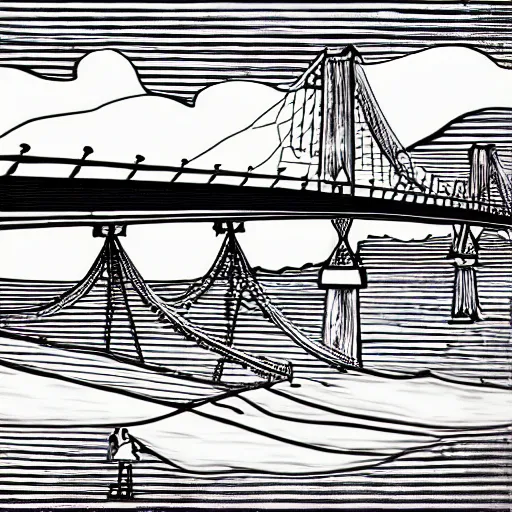 Image similar to steel suspension bridge built in 1 9 2 8, side view, clouds in background, woodcut style, 4 k