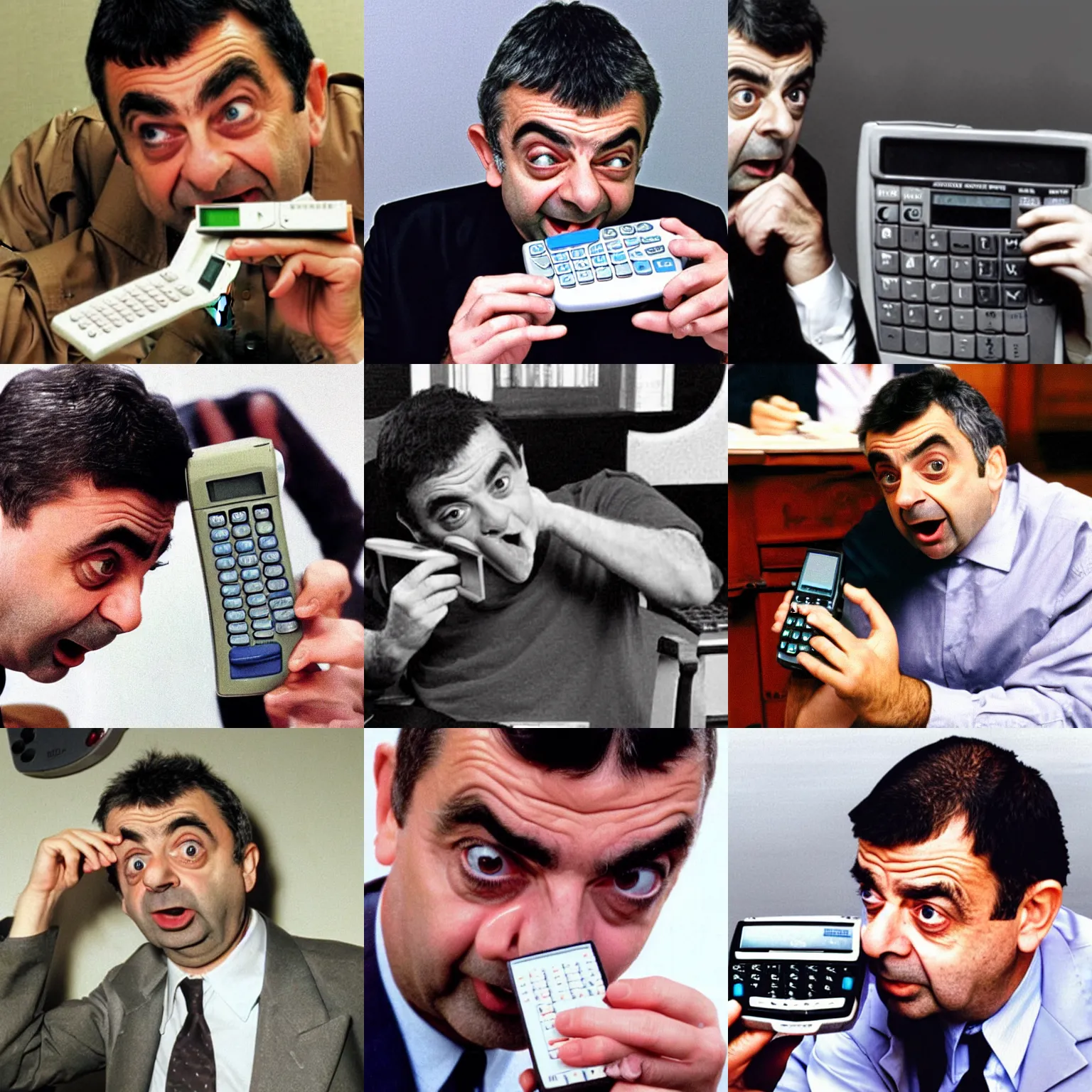 Prompt: funny photo of rowan atkinson trying to eat calculator casio calculator calculator calculator calculator, close up