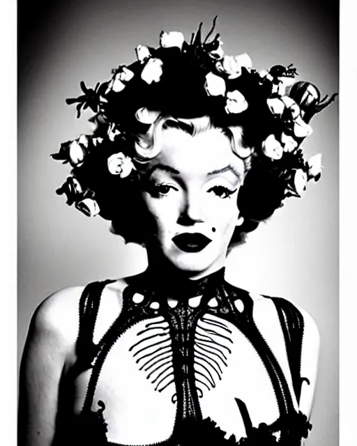 Image similar to dreamy surreal poetic black and white photo of a beautiful young bio-mechanical-female-jellyfish-cyborg-plant-plastic-robot Marilyn Monroe with a very long neck and a super big gothic lace collar and a very high big floral crown with many black dry roses by Vivienne Westwood:: smoke, high fashion, haute couture, rococo, avant-garde, elegant, dreamy, hyper realistic, 150 mm lens, soft rim light, octane render, unreal engine, picture was taken in 1910 by Dora Maar, volumetric lighting, dramatic light,8k,