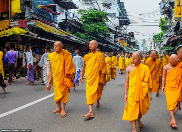 Image similar to In a future Bangkok, yellow-robed monks and elephants walk the streets of a bustling city under the hot sun ,by jamie jones