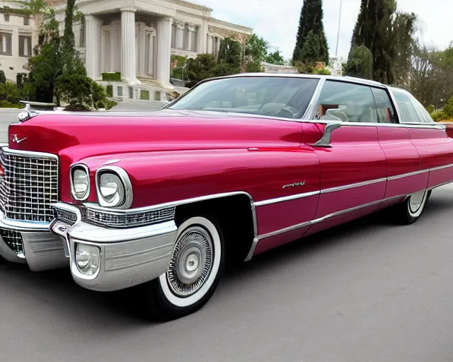 Prompt: a cadillac deville with open trunk filled with bags of money