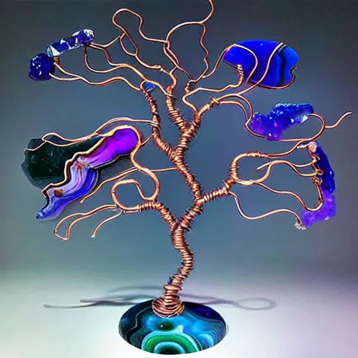 Image similar to intricate wire tree windswept and wing shaped with agate accents, delicate, magnificent design, masterpiece, colorful, surreal, elaborate, dramatic lighting