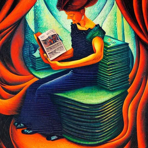 Image similar to a girl reading a book, surreal by dan mumford and umberto boccioni, oil on canvas