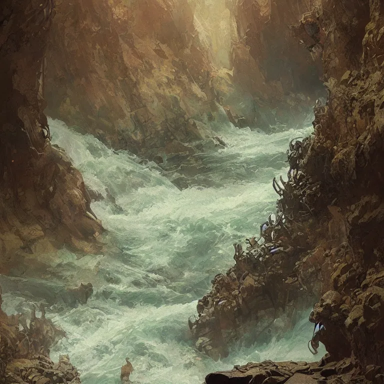 Image similar to a beautiful painting of the view from the whitewater river of caverns measureless to man down to a sunless sea, intricate, elegant, highly detailed, digital painting, artstation, concept art, by krenz cushart and artem demura and alphonse mucha