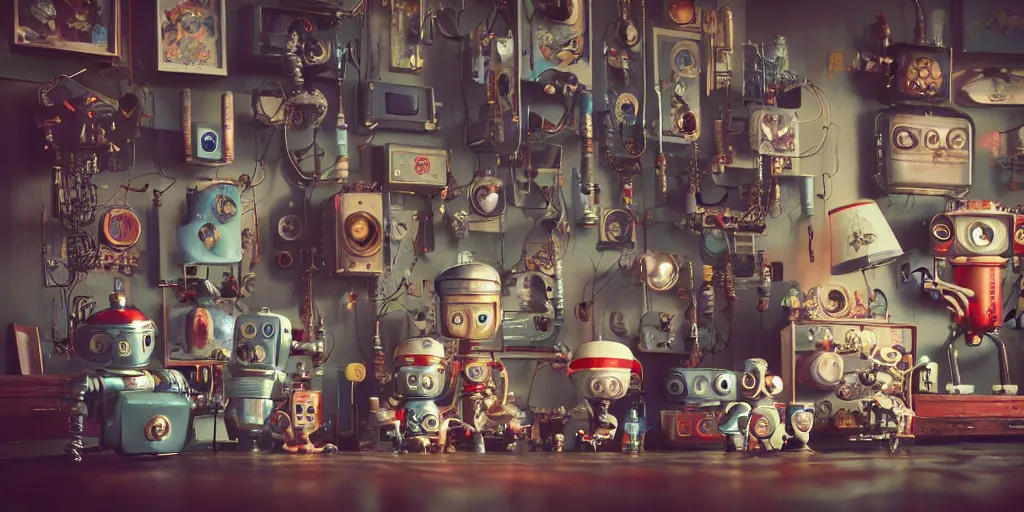 Prompt: closeup portrait of tin toy retro living room of cyberpunk robot family, depth of field, zeiss lens, detailed, centered, fashion photoshoot, by nicoletta ceccoli, mark ryden, lostfish, breathtaking, 8 k resolution, extremely detailed, beautiful, establishing shot, artistic, hyperrealistic, octane render, - h 8 0 4